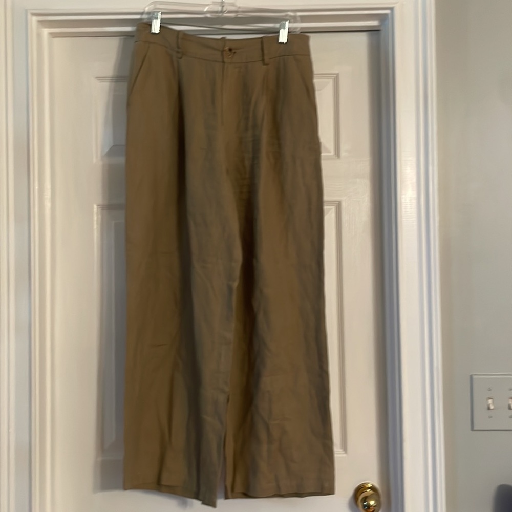 Zara women's WIDE LEG 100% LINEN PANTS tan/ taupe/khaki size M